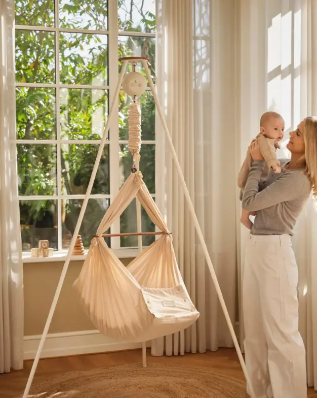 Moonboon - Hamac bébé avec moteur Connect Basic + Trépied - Nature / Cream White.webp