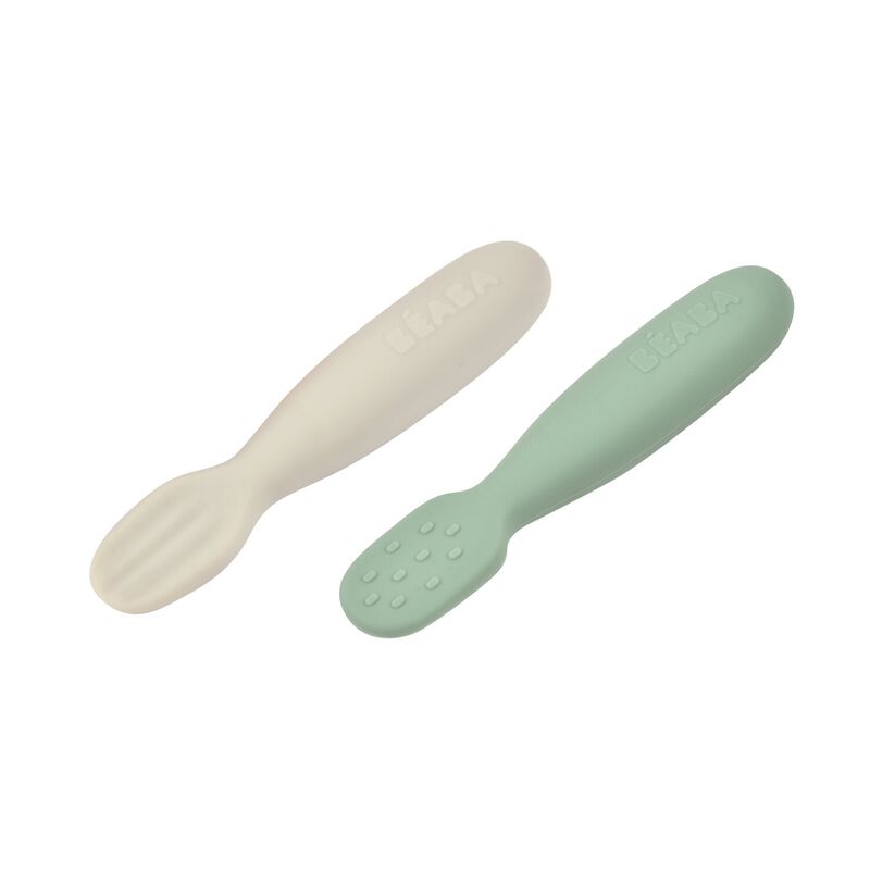 Béaba - Lot 2 pré-cuillères d'apprentissage silicone Vert sauge/Gris velours