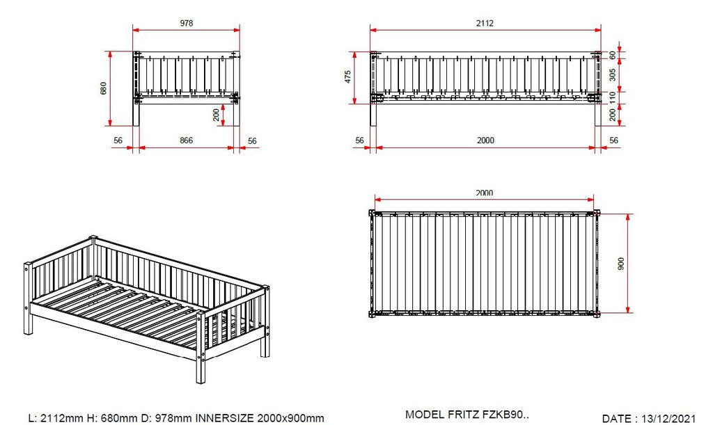 Vipack - Fritz Lit capitaine 90x200cm Milky Pine