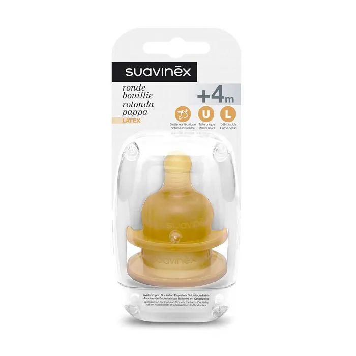 Suavinex - Lot de 2 Tétines rondes en latex - Bouillie - +4m - Débit Rapide