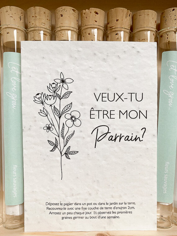 Minimou - Voeux en tube avec papier ensemencé - Veux-tu être mon parrain ?