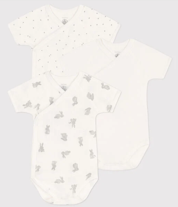 Petit bateau - Lot de 3 bodies croisés manches courtes - Lapin