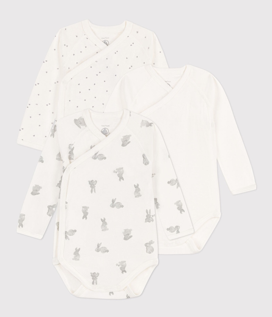 Petit bateau - Lot de 3 bodies croisés manches longues - Lapin