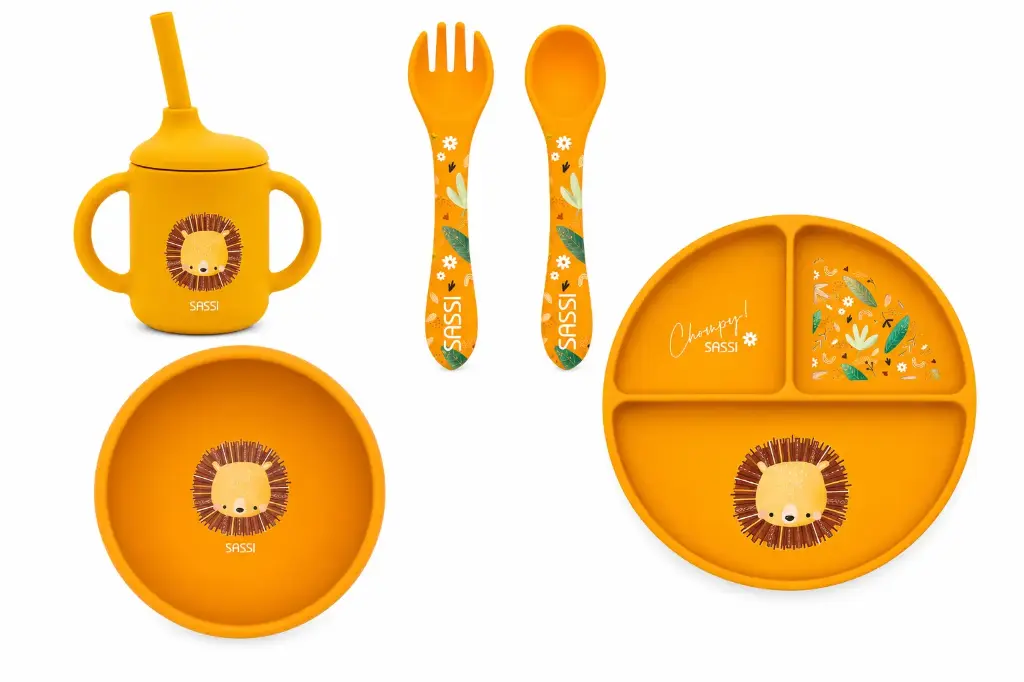 Sassi - Coffret Repas Bébé en Silicone – Chompy le Lion – 4 pièces