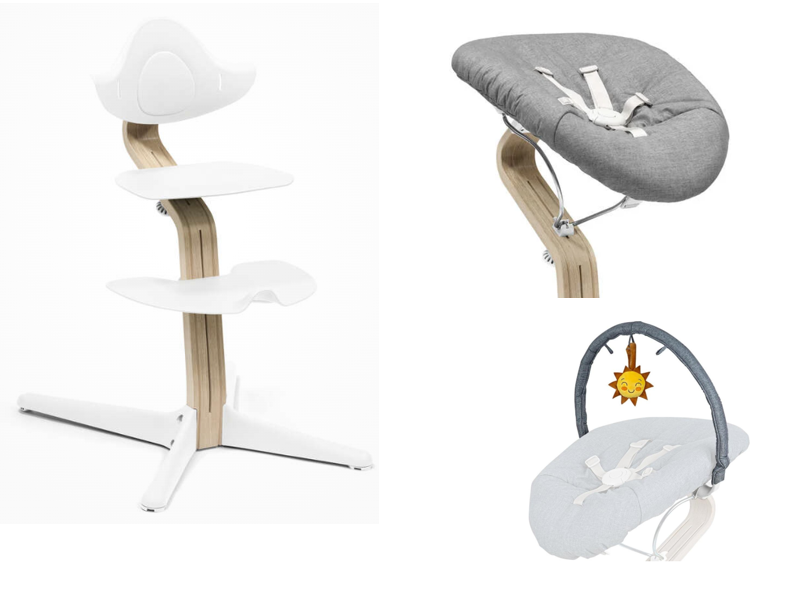 Nomi - Ensemble Chaise haute évolutive - Bois naturel/blanc + Relax Newborn Seat gris + Arche de jeux