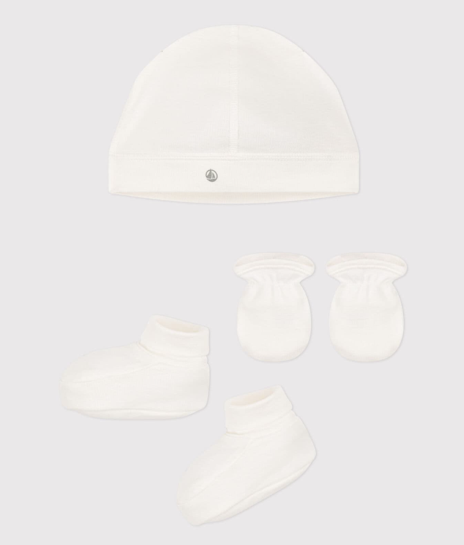 Petit Bateau - Lot de bonnet chaussons et moufles bébé - 1 mois - Blanc