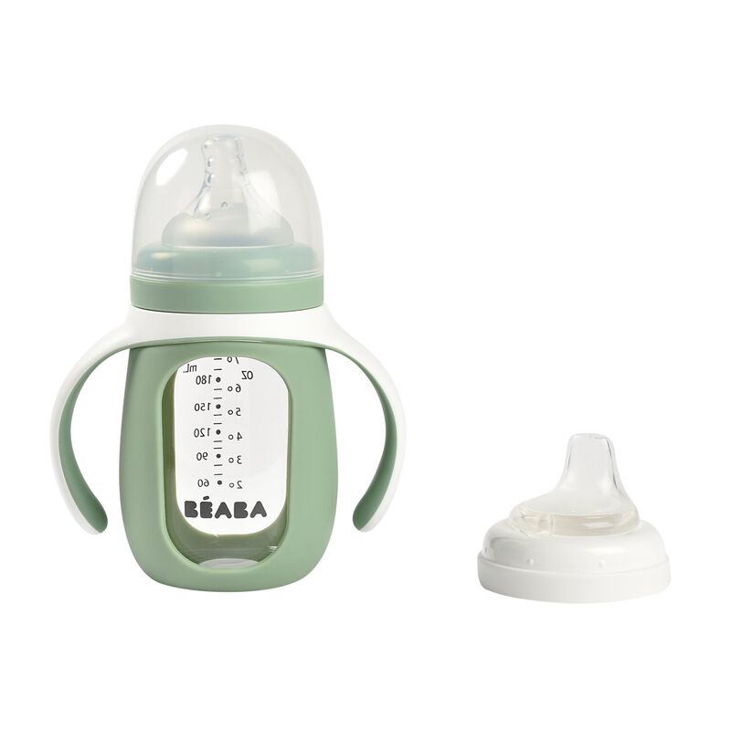 Beaba - Biberon d'apprentissage en verre 2 en 1 210ml - Vert sauge
