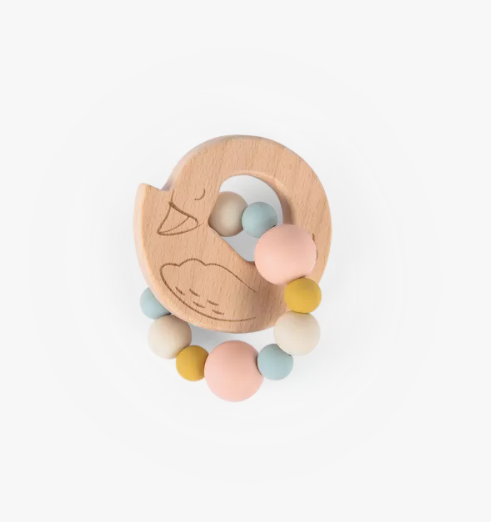 Moulin Roty - Hochet anneau de dentition bois et silicone Cygne