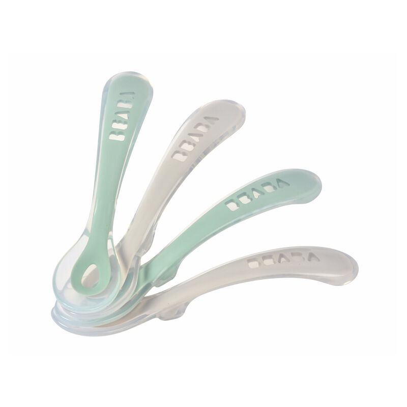 Béaba - Lot 4 cuillères 2ème âge silicone Gris velours/Vert sauge