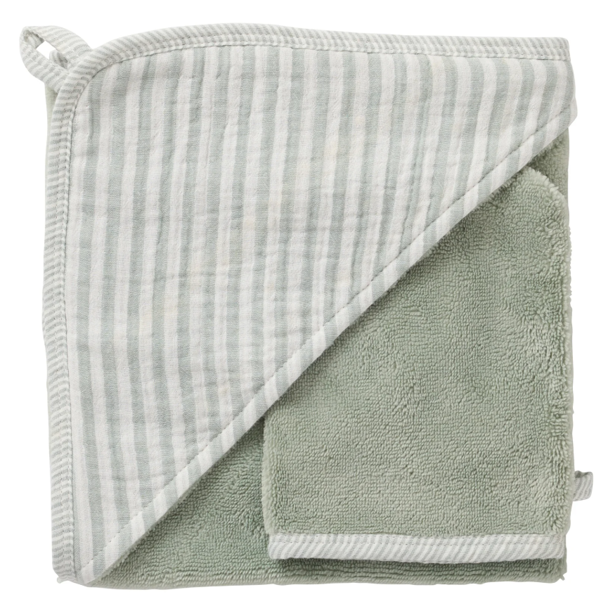 BB&amp;Co - Cape de bain &amp; gant de toilette - Soft Stripes - Vert de gris