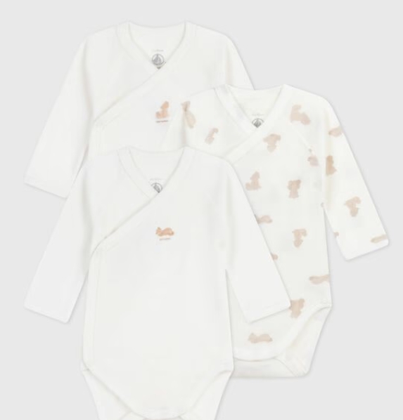 Petit Bateau - Lot de 3 bodies cache-coeur manches longues en coton BIO - Ours