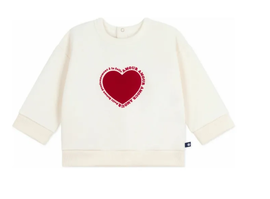 Petit bateau - Pull col rond en coton coeur rouge - Beige