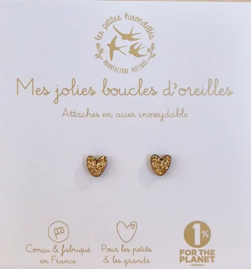 Les petites hirondelles - Boucles d'oreilles paillettées - Coeurs - Doré