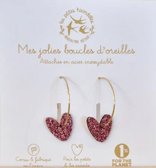 Les petites hirondelles - Créoles paillettées - Coeurs - Rose