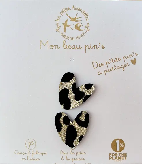 Les petites hirondelles - Pin's feutrine pailletée - Coeurs à partager - Léopard doré