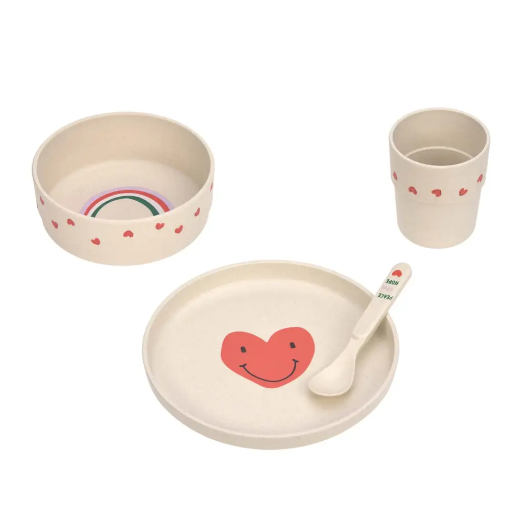 Lässig - Coffret repas enfants (assiette, bol, tasse, cuillère) - Happy Rascals, Cœur