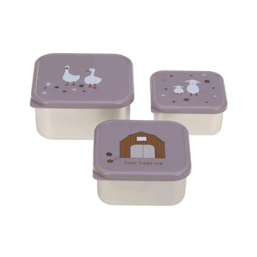 Lassig - Lot de 3 petites boîtes à goûter inox - Tiny Farmer - Lilas