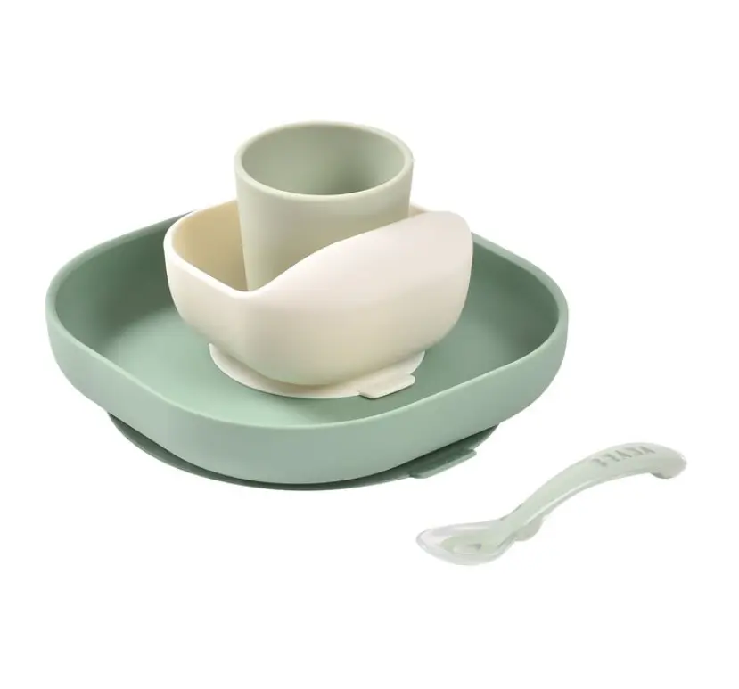 Béaba - Coffret repas silicone 4 pièces - Vert sauge / Vert de gris