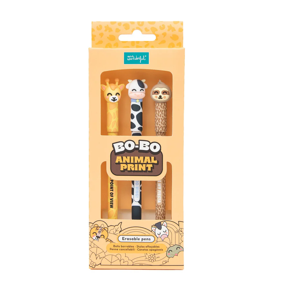 Mr. Wonderful - Stylo effaçable - Lot de 3 stylos effaçables Bo-Bo - Girafe, Vache , Paresseux
