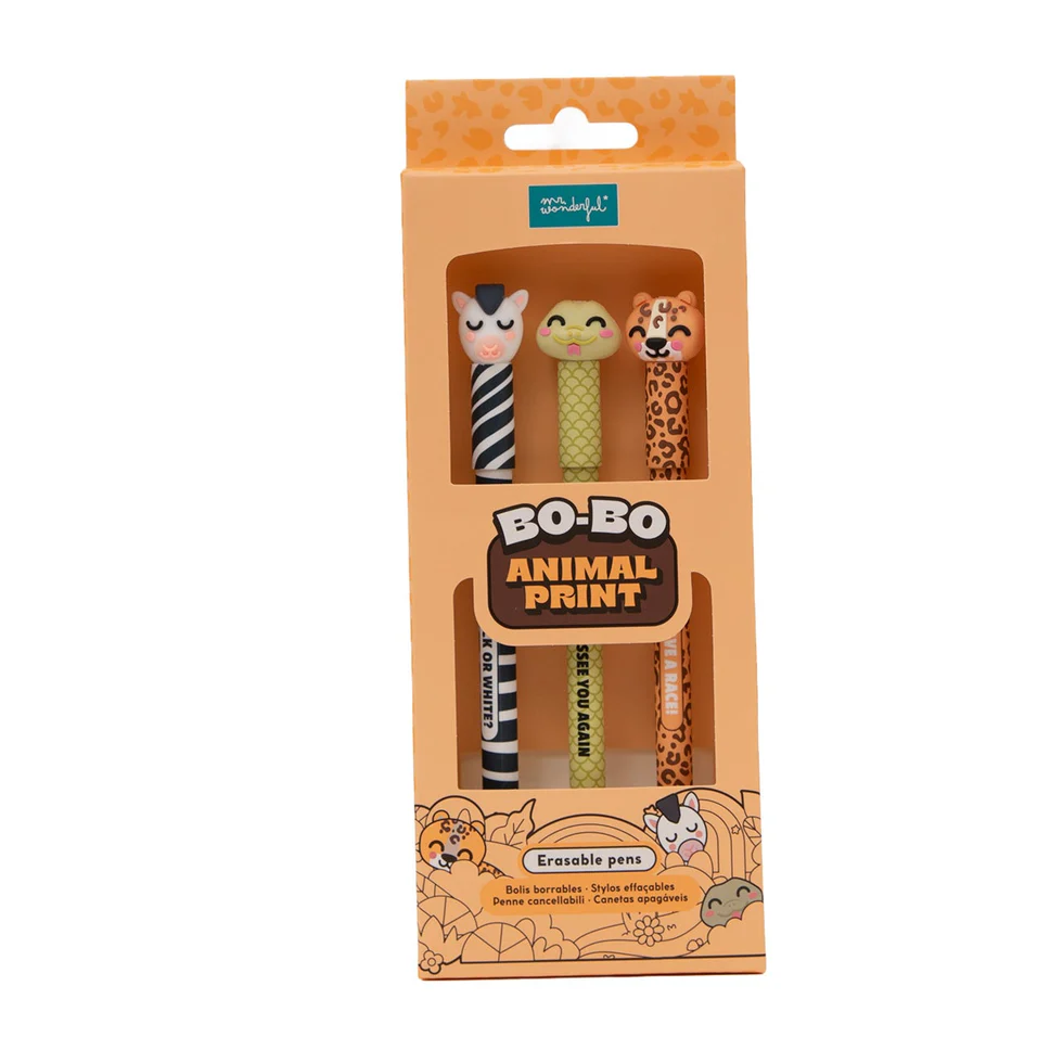 Mr. Wonderful - Stylo effaçable - Lot de 3 stylos effaçables Bo-Bo - Zèbre, Serpent, Léopard