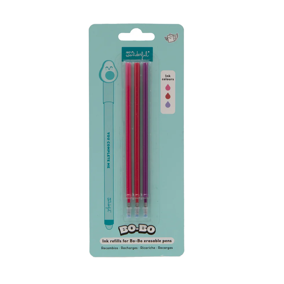 Mr. Wonderful - Stylo effaçable - Lot de 3 recharges d'encre pour stylos effaçables Bo-Bo - Rose, marron et violet
