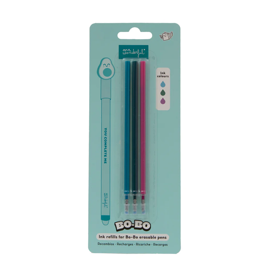 Mr. Wonderful - Stylo effaçable - Lot de 3 recharges d'encre pour stylos effaçables Bo-Bo - rouge, noir et vert