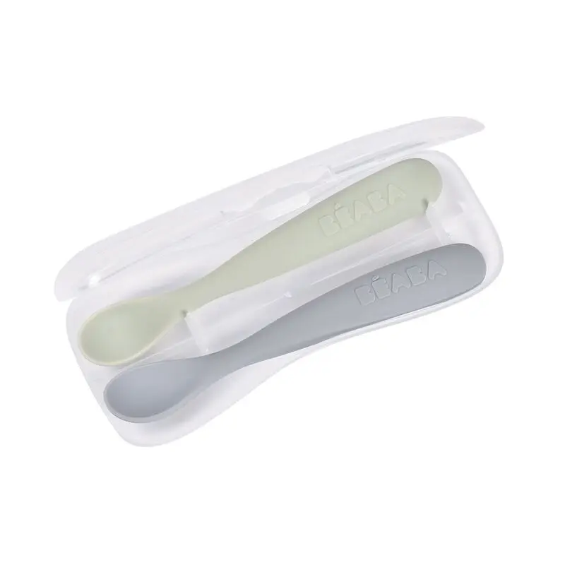 Beaba - Lot de 2 cuillères 1er âge silicone avec boite de transport - Galet / Vert de gris