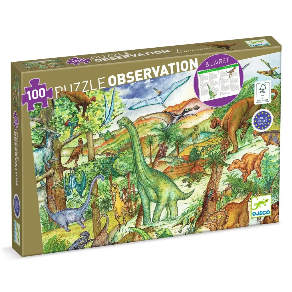 DJECO - Puzzle observation - Dinosaures 200 pcs + livret - 5 ans + 