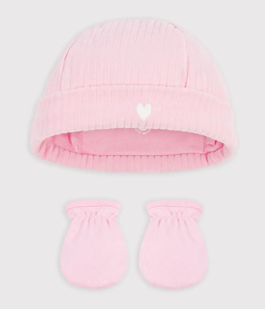 Petit Bateau - Lot de bonnet et moufles bébé en coton - 1mois