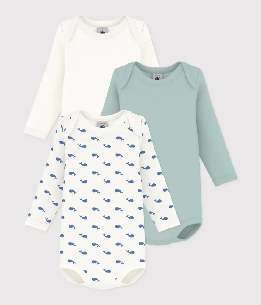 Petit Bateau - Lot de 3 bodies manches longues en coton imprimé baleine