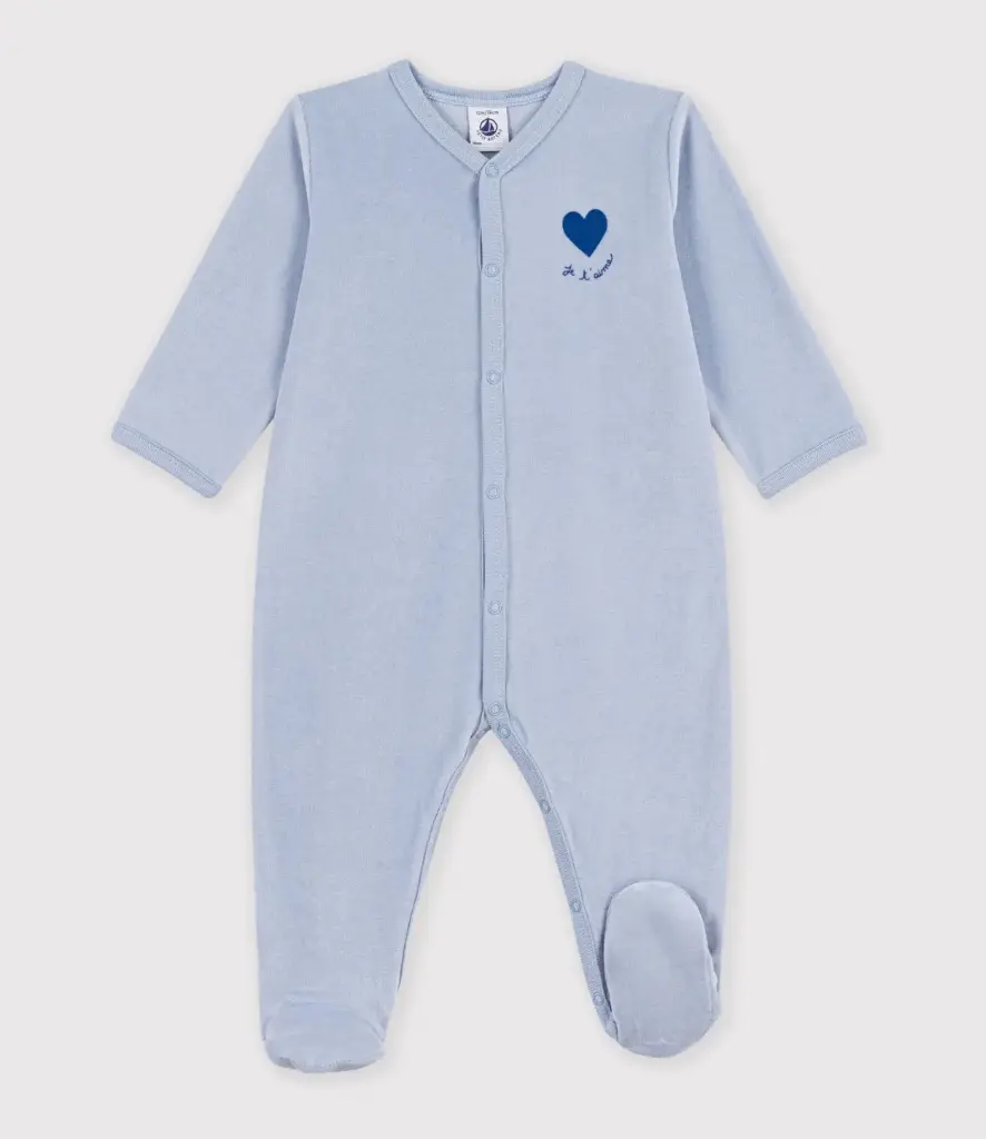 Petit Bateau - Pyjama en velours uni bébé - Bleu - Je t'aime 