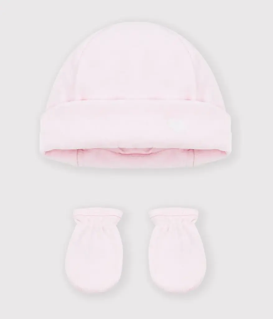 Petit Bateau - Lot de bonnet et moufles bébé en velours - Rose - 1 mois 