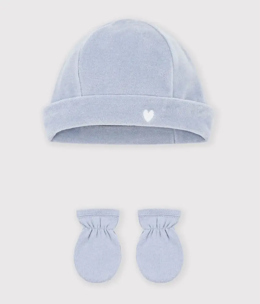 Petit Bateau - Lot de bonnet et moufles bébé en velours - Bleu - 1 mois 