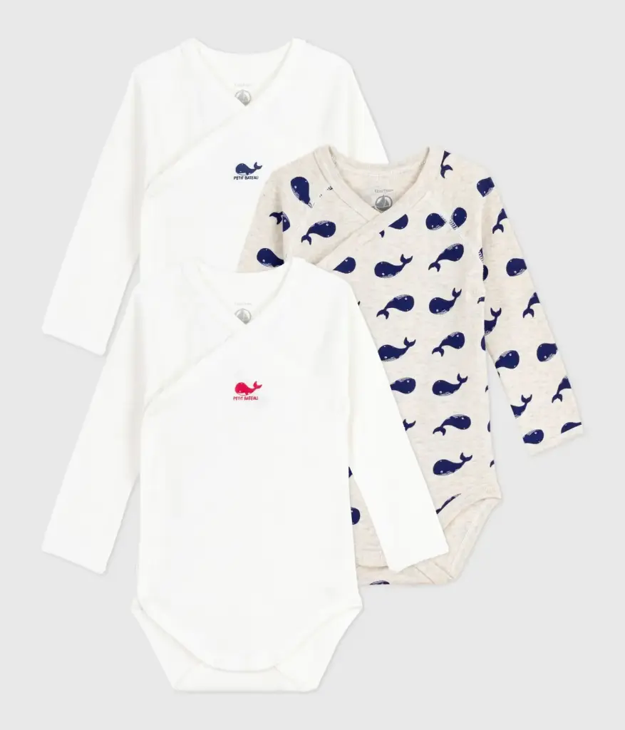 Petit Bateau - Lot de 3 bodies manches longues en coton imprimé baleine