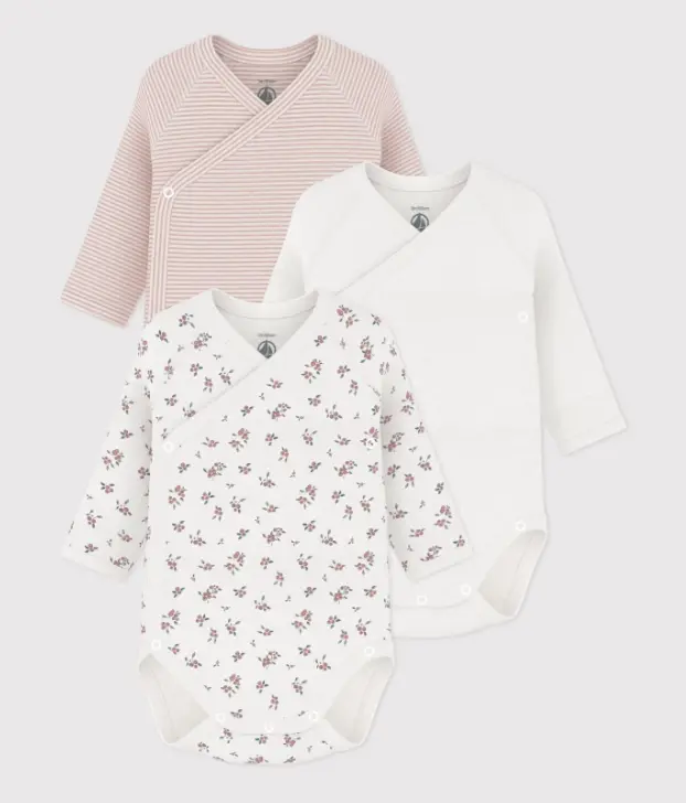 Petit Bateau - Lot de 3 bodies croisés manches longues en coton imprimé bébé