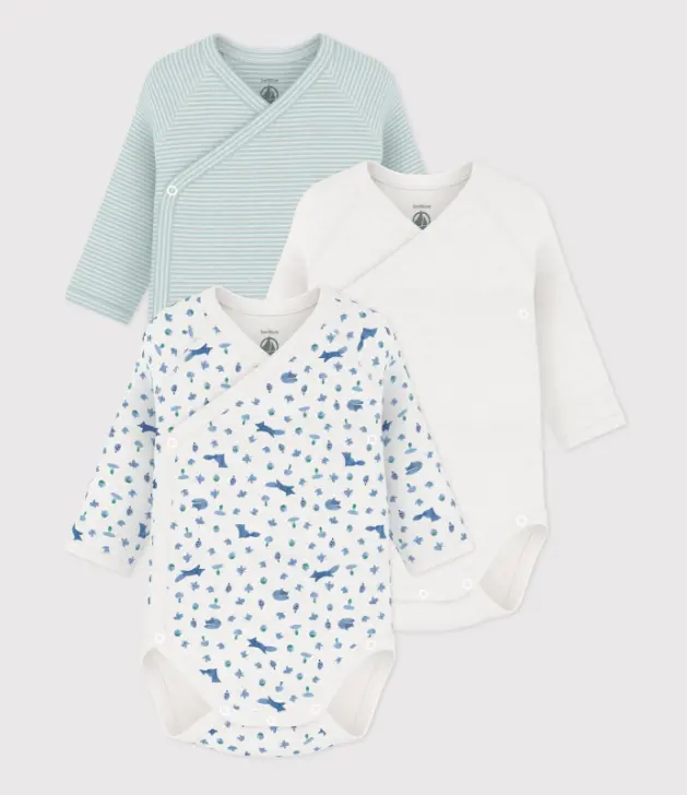 Petit Bateau - Lot de 3 bodies croisés manches longues en coton imprimé bébé