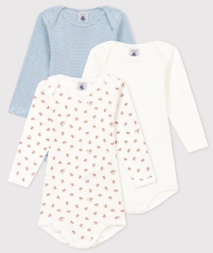 Petit Bateau - Lot de 3 bodies cache-coeur ML en coton BIO - Blanc/Renard/Rayures