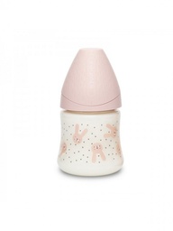 Suavinex - Biberon en verre - 120ml - Tétine ronde silicone - 0 mois - Pink Rabbits