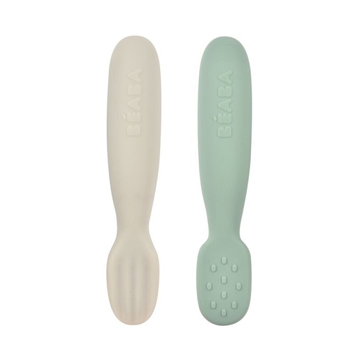 Béaba - Lot 2 pré-cuillères d'apprentissage silicone Vert sauge/Gris velours