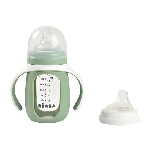 Beaba - Biberon d'apprentissage en verre 2 en 1 210ml - Vert sauge [913537]