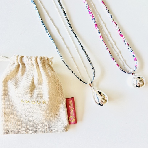 Babyshell - Bola argent goutte et chaîne fine assortie avec un cordon liberty [ART00000009]