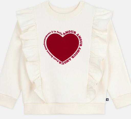 Petit bateau - Pull col rond en coton coeur rouge à volants - Beige