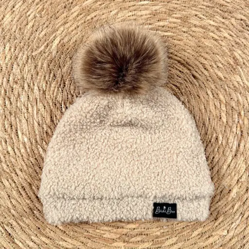 BidiBoo - Bonnet Pompon - Bouclette Beige