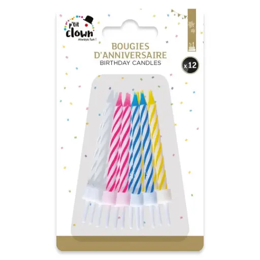 [23928] P'tit Clown - Bougies d'anniversaire - lot de 12 - multicolore