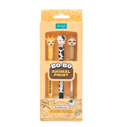 Mr. Wonderful - Stylo effaçable - Lot de 3 stylos effaçables Bo-Bo - Girafe, Vache , Paresseux