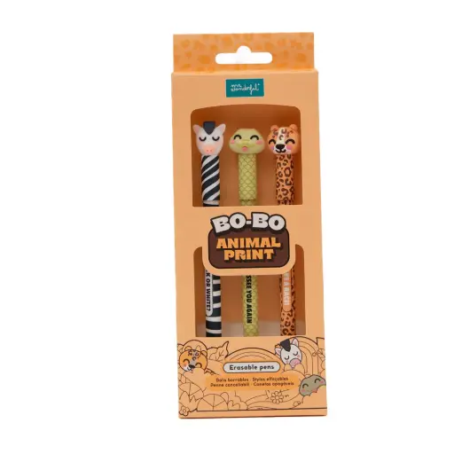 Mr. Wonderful - Stylo effaçable - Lot de 3 stylos effaçables Bo-Bo - Zèbre, Serpent, Léopard