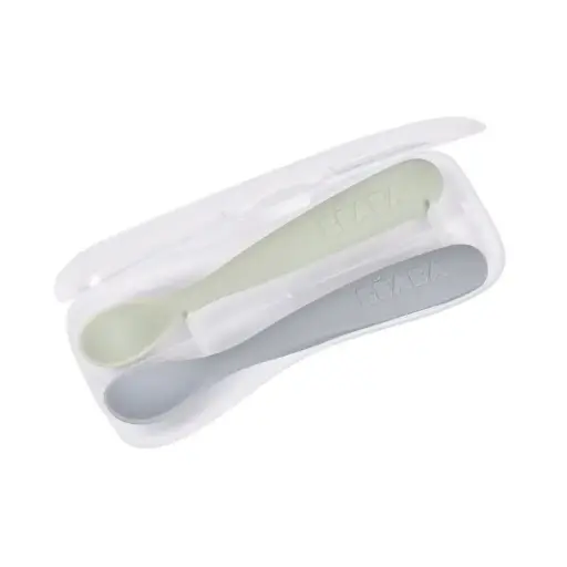 Beaba - Lot de 2 cuillères 1er âge silicone avec boite de transport - Galet / Vert de gris [913600]