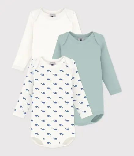Petit Bateau - Lot de 3 bodies manches longues en coton imprimé baleine