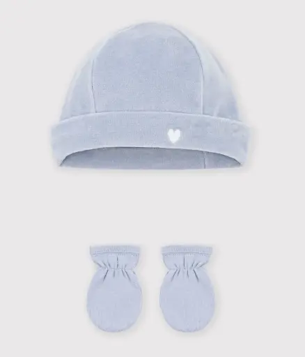 Petit Bateau - Lot de bonnet et moufles bébé en velours - Bleu - 1 mois  [A0G9Q00460]