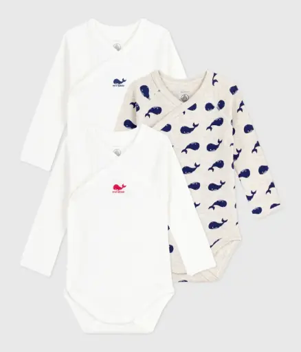 Petit Bateau - Lot de 3 bodies manches longues en coton imprimé baleine